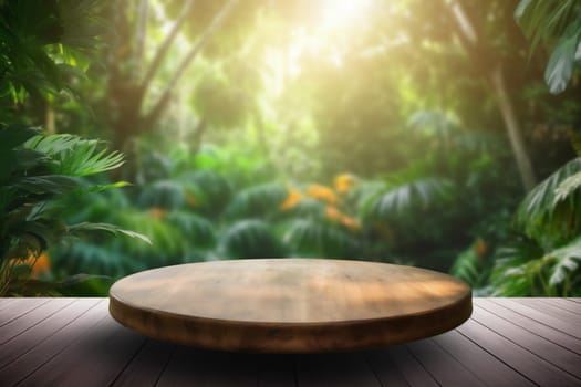 up wooden podium design space mockup shape nature beauty idea display palm mock platform leaf empty modern green color 3d presentation. Generative AI.