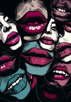 woman modern retro love make-up poster punk kiss art element beauty mouth red lipstick sticker lips female abstract crazy graphic illustration. Generative AI.