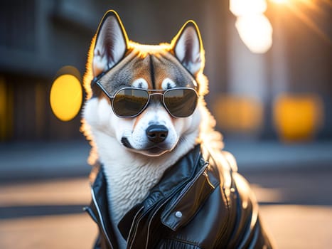 Cute dog husky breed wearing leather jacket and sunglasses city on background. Dog vacation relax concept. Generative Ai