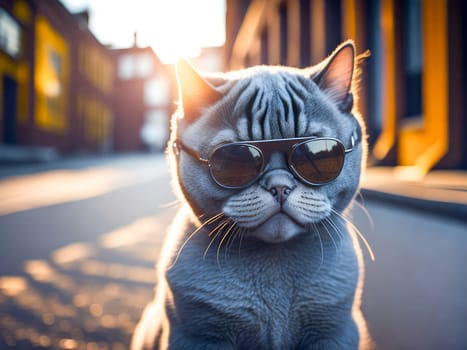 Cute fluffy grey british shorthair kitten wearing sunglasses on city on background. Street cat, vacation relax concept. Generative Ai