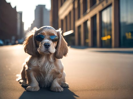 Cute dog cocker spaniel breed wearing sunglasses city on background. Dog vacation relax concept. Generative Ai