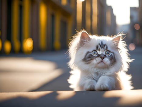 Cute fluffy white ragdol kitten portrait on city on background. Street cat, vacation relax concept. Generative Ai