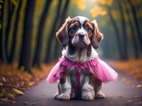 Cute cocker spaniel puppy wearing pink dress in the forest. Dog vacation relax concept. Hiking. Generative Ai