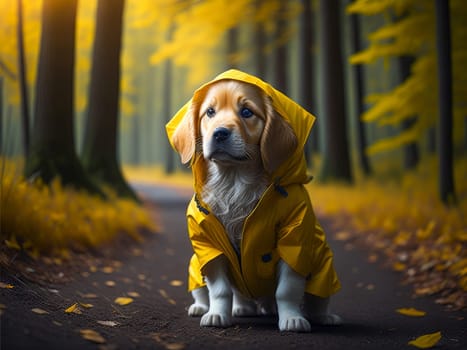 Cute dog golden retriever wearing yellow rain jacket hiking in the forest. Dog vacation relax concept. Generative Ai