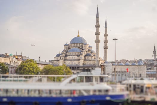 Muslim architecture and water transport in Turkey - Beautiful View touristic landmarks from sea voyage on Bosphorus.