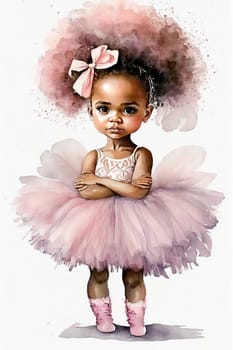 Watercolor little ballerina girl in a pink dress with a tutu skirt makes a pose on a white background. Generative ai.