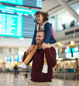 Father, travel and piggyback girl at airport, laughing at comic joke and having fun together. Immigration flight, adoption care and happy man carrying foster kid or child at airline, bonding or smile.