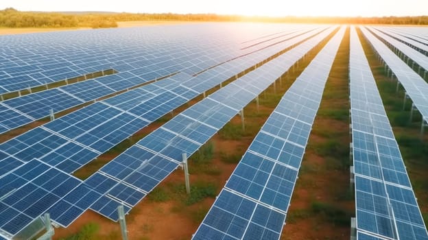 Aerial drone view of large solar panels at a solar farm at bright sunset. Generative Ai