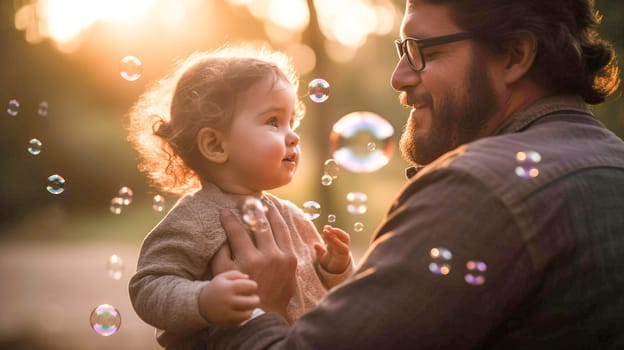 Father and his little child playing with bubbles during the golden hour. Concept of fathers day, fathers love, relationships between dad and child. Generative Ai.