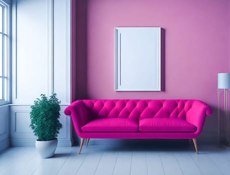 Blank frame mockup for artwork or print on pink wall with magenta couch, copy space. Interior design. Generative Ai