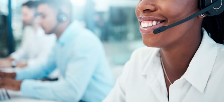 Call center, telemarketing and closeup of a woman mouth with a headset doing an online consultation. Customer support, contact us and consultant with a crm strategy in customer service in the office