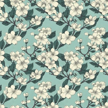 Seamless pattern: blossoming sakura branches. Light colored flowers. Generative AI