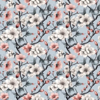 Seamless pattern: blossoming sakura branches. Light colored flowers. Generative AI