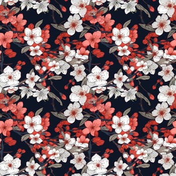 Seamless pattern: blossoming sakura branches. Light colored flowers. Generative AI