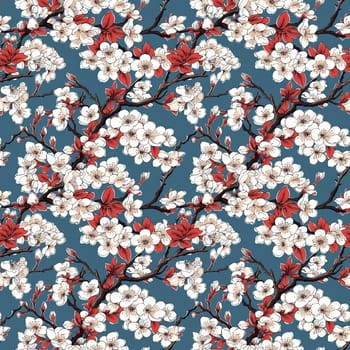 Seamless pattern: blossoming sakura branches. Light colored flowers. Generative AI