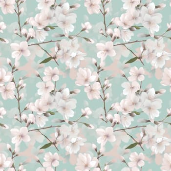 Seamless pattern: blossoming sakura branches. Light pink flowers. Generative AI