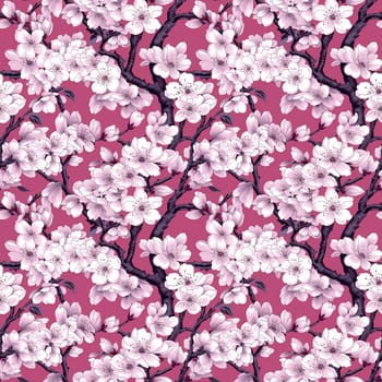 Seamless pattern: blossoming sakura branches. Light pink flowers. Generative AI