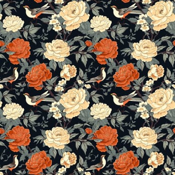 Seamless pattern: lush yellow red flowers and birds on a black background in the style of Japanese prints. Generative AI