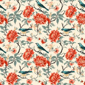 Seamless pattern: lush red flowers and blue birds on light background in the style of Japanese prints. Generative AI
