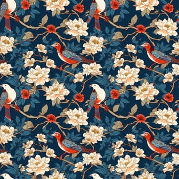 Seamless pattern: lush yellow flowers and birds on a dark blue background in the style of Japanese prints. Generative AI