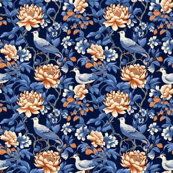 Seamless pattern: lush yellow flowers and blue birds on a dark blue background in the style of Japanese prints. Generative AI