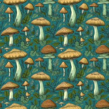 Autumn Whimsical seamles pattern with fairytale mushrooms. Intricate background with mushrooms, texture design for gift wrap. Generative AI