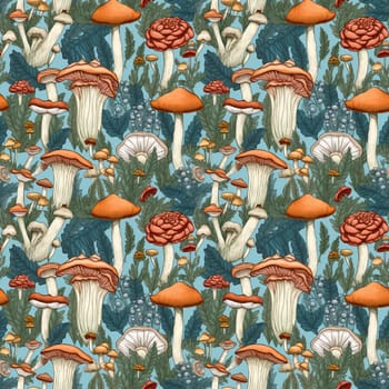 Autumn Whimsical seamles pattern with fairytale mushrooms. Intricate background with mushrooms, texture design for gift wrap. Generative AI