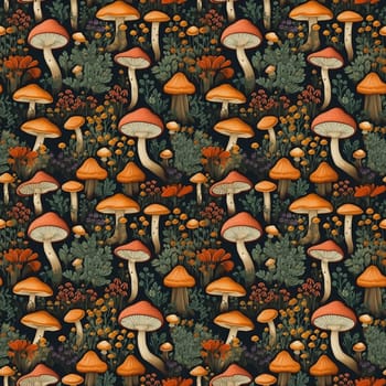 Autumn Whimsical seamles pattern with fairytale mushrooms. Intricate background with mushrooms, texture design for gift wrap. Generative AI