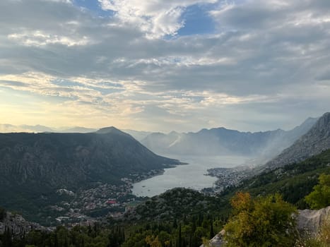 View from Mount Lovcen to the valley of the Bay of Kotor at sunset. Montenegro. High quality photo