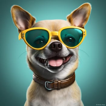 dog yellow collar cute canino domestic fun humor young student glasses pet puppy portrait clever background chihuahua tie goggles friend animal. Generative AI.