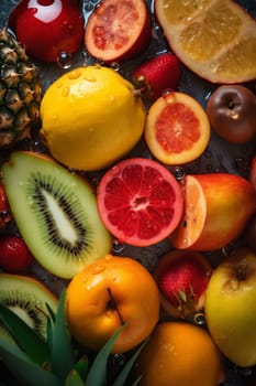 fresh strawberry apple fruit kiwi background ingredient lemon splashing delicious health concept green natural splash vitamin water drop healthy food yellow. Generative AI.