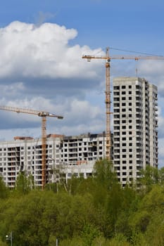 Moscow, Russia - 4 May.2023. Liebherr cranes build residential buildings