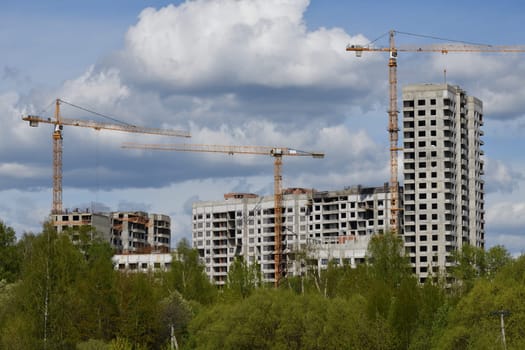 Moscow, Russia - 4 May.2023. Liebherr cranes build residential buildings