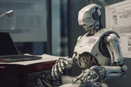man artificial ai hand web paper checklist digital communication document paperwork robot pen automatic job technology laptop future office modern. Generative AI.