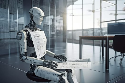cyber man artificial finance job laptop automation document paper device robot mechanical paperwork cyberspace office cyborg ai digital technology hand. Generative AI.