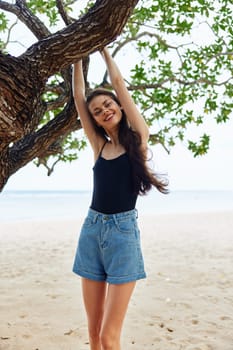 woman vacation person hanging beauty relax happiness beautiful hill sea playing long sky lifestyle palm relaxation hair nature alone tree summer smiling