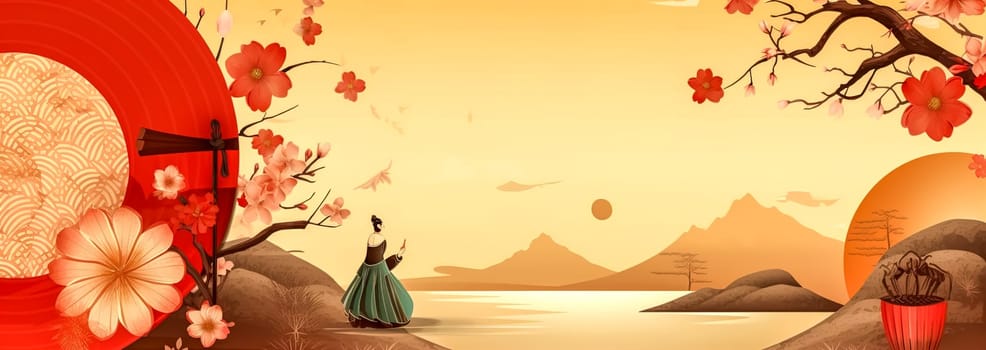 Japanese culture banner with copy space, made with Generative AI. High quality illustration