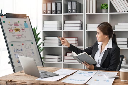 Businesswoman analysis the chart and meeting Video Conferencing with laptop at the office for setting challenging business goals And planning to achieve the new target.
