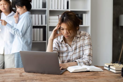 Stress, education and study with woman in library for exhausted, mental health and anxiety in college. Learning, books and exam with girl university student for fatigue, tired and burnout in school.