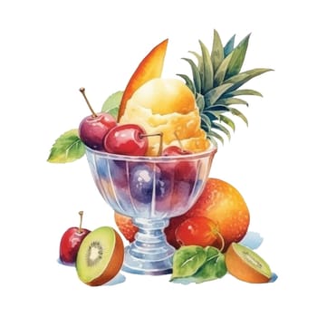 Fruit salad with vanilla ice cream in glass sundae dish cup isolated on transparent background. Ai generative, ai generated