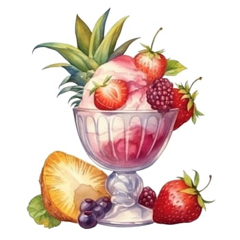 Fruit salad with vanilla ice cream in glass sundae dish cup isolated on transparent background. Ai generative, ai generated