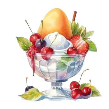 Fruit salad with vanilla ice cream in glass sundae dish cup isolated on transparent background. Ai generative, ai generated