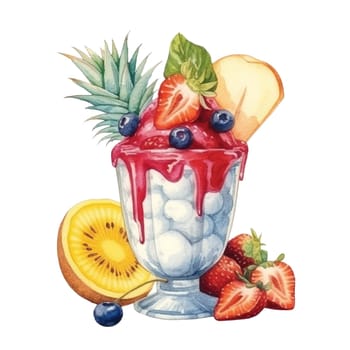 Fruit salad with vanilla ice cream in glass sundae dish cup isolated on transparent background. Ai generative, ai generated