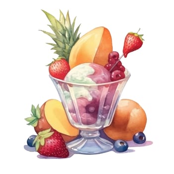 Fruit salad with vanilla ice cream in glass sundae dish cup isolated on transparent background. Ai generative, ai generated