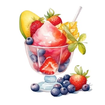 Fruit salad with vanilla ice cream in glass sundae dish cup isolated on transparent background. Ai generative, ai generated