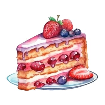 Watercolor cake, piece of cake. It can be used for card, postcard, cover, invitation, wedding card, mothers day card, birthday card, menu, recipe. Ai generative.