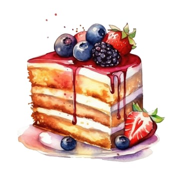 Watercolor cake, piece of cake. It can be used for card, postcard, cover, invitation, wedding card, mothers day card, birthday card, menu, recipe. Ai generative.