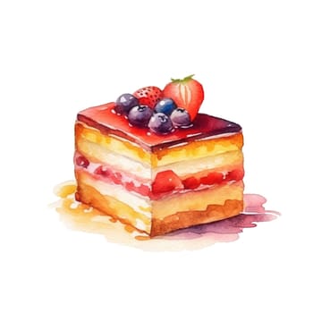 Watercolor cake, piece of cake. It can be used for card, postcard, cover, invitation, wedding card, mothers day card, birthday card, menu, recipe. Ai generative.