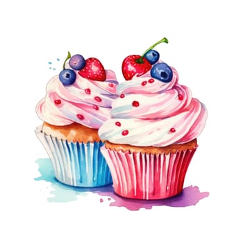 Collection of cupcakes with different ingredients. Set of sweet cakes. Colorful dessert.Watercolor illustration of cake with cream and berries.