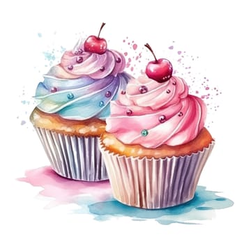 Collection of cupcakes with different ingredients. Set of sweet cakes. Colorful dessert.Watercolor illustration of cake with cream and berries.